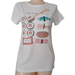 J Crew Beaded Sushi Baby Tee Women XS Whimsical Kawaii Novelty Indie Quirky Art